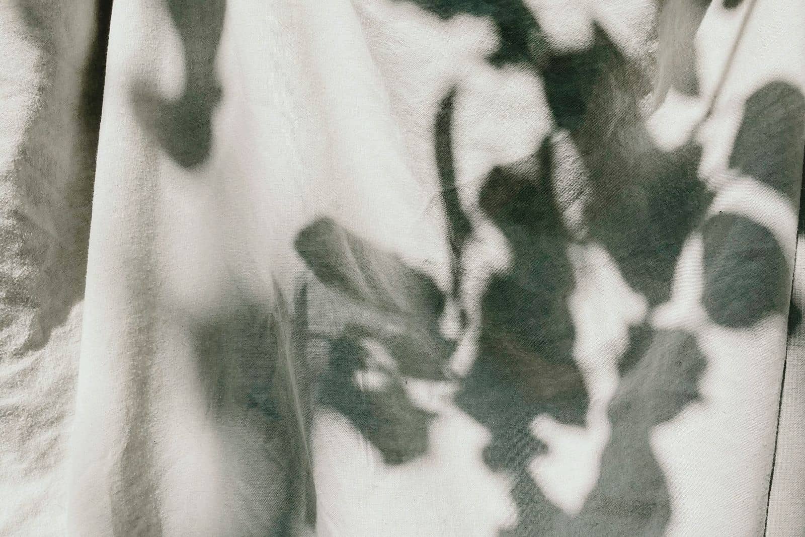 Soft shadows of leaves falling across white cotton cloth in sunlight